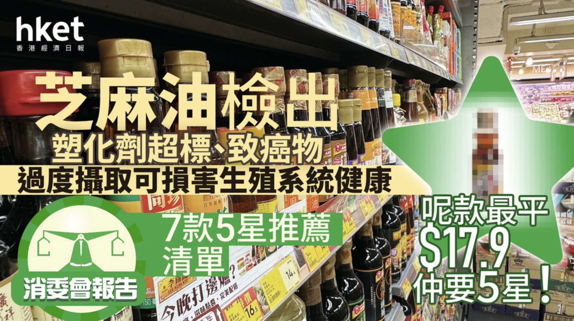 9成芝麻油樣本含塑化劑（DEHP、DBP、DINP）、13款芝麻油更檢出2B致癌物3-MCPD，過量攝取恐損害生殖系統