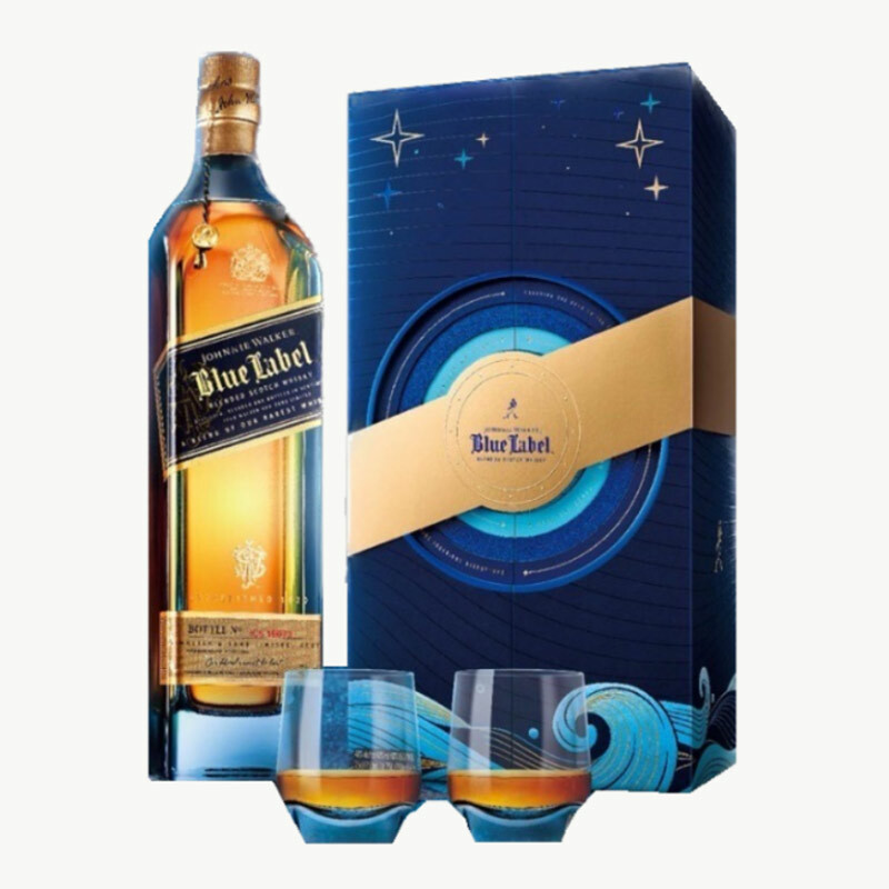 內含經典藍牌威士忌與雙層玻璃杯，深藍與金色設計彰顯尊貴質感，是2025中秋禮盒排行中最具品味與收藏價值的高端酒禮首選。