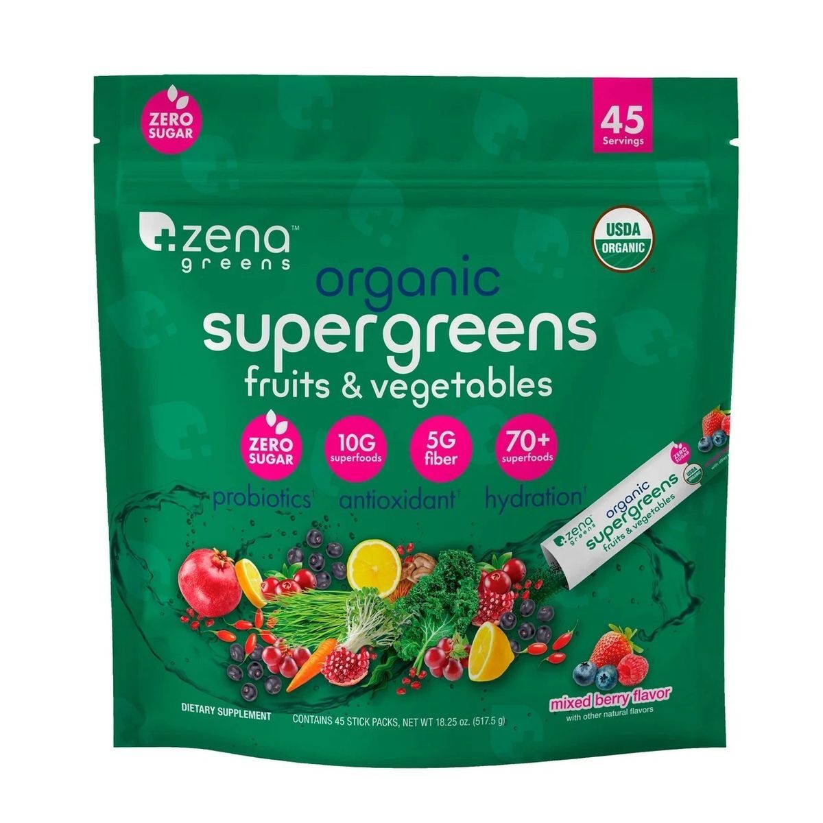 #N/A - Zena - USDA 有機超級綠色蔬果粉 (混合莓果味) 45條 / 獨立包裝 (平行進口)