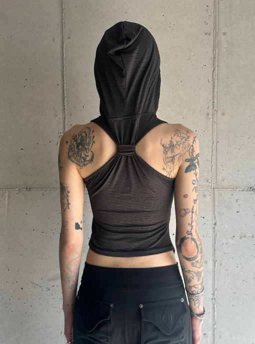 Mischief  MSCHF  許光漢、秀智愛牌 /  HOODED STRIPE VEST__BROWN/BLACK 連帽條紋背心式上衣 咖啡黑色 / AUG25