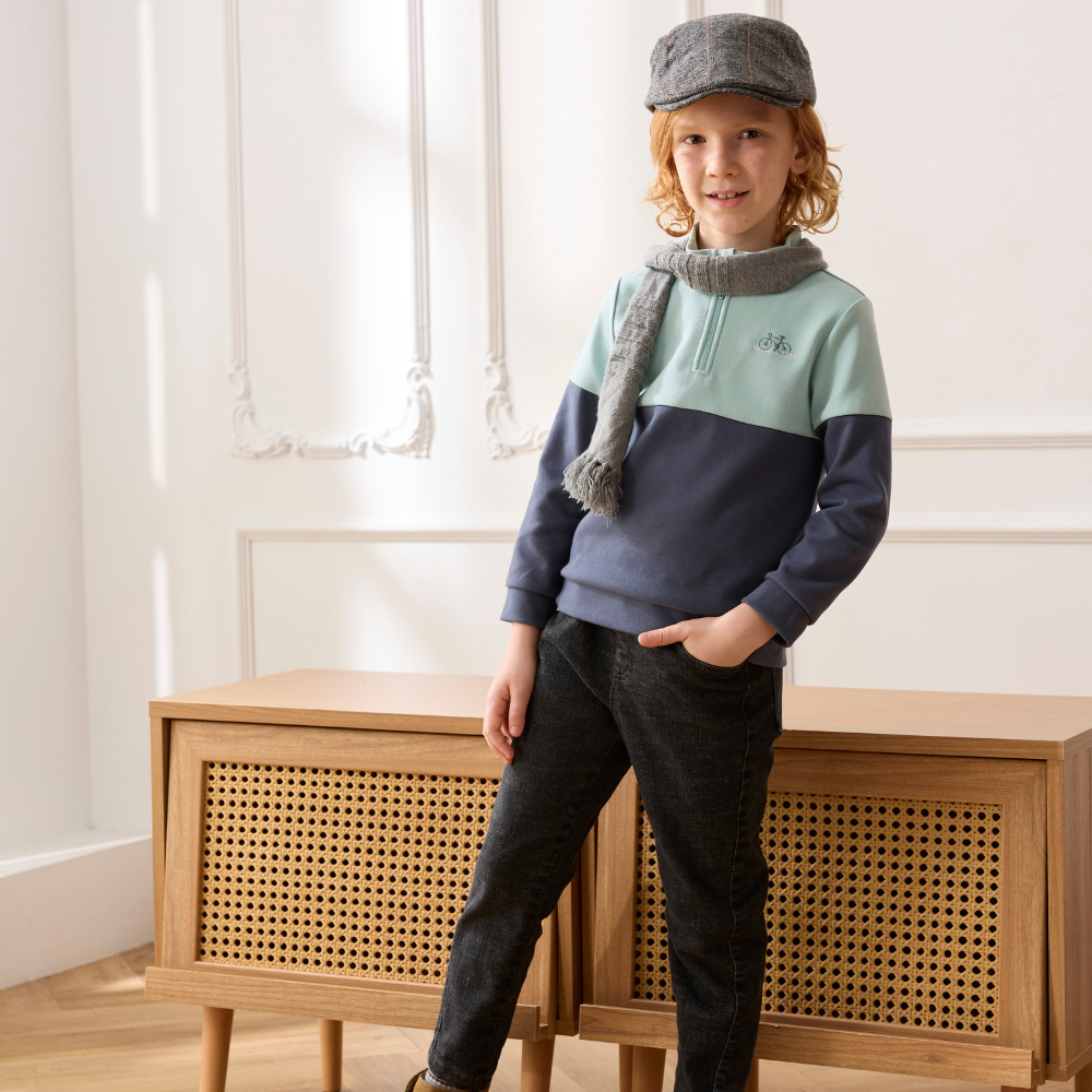 PIPPY兩色剪接小立領棉質長袖上衣 藍