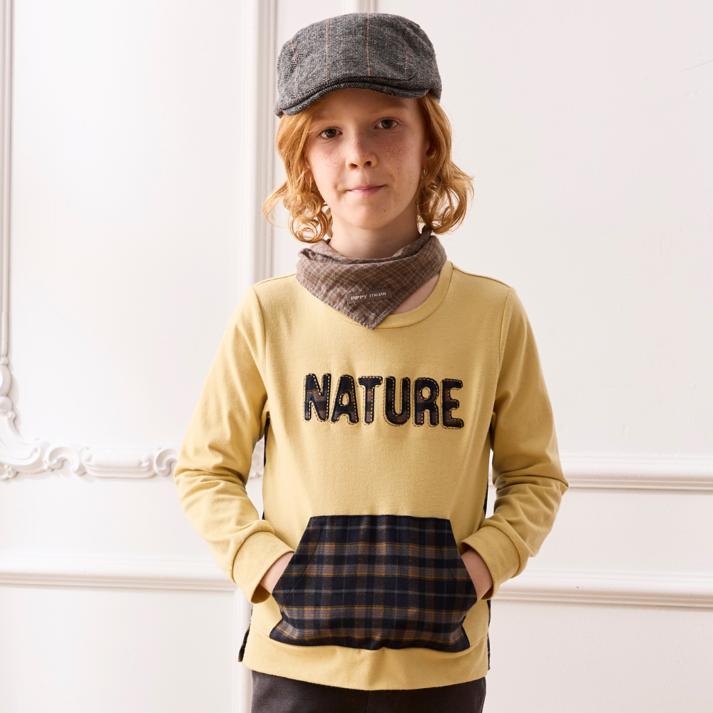 PIPPY剪接格紋大口袋圓領長袖上衣 黃