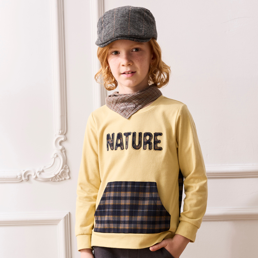 PIPPY剪接格紋大口袋圓領長袖上衣 黃