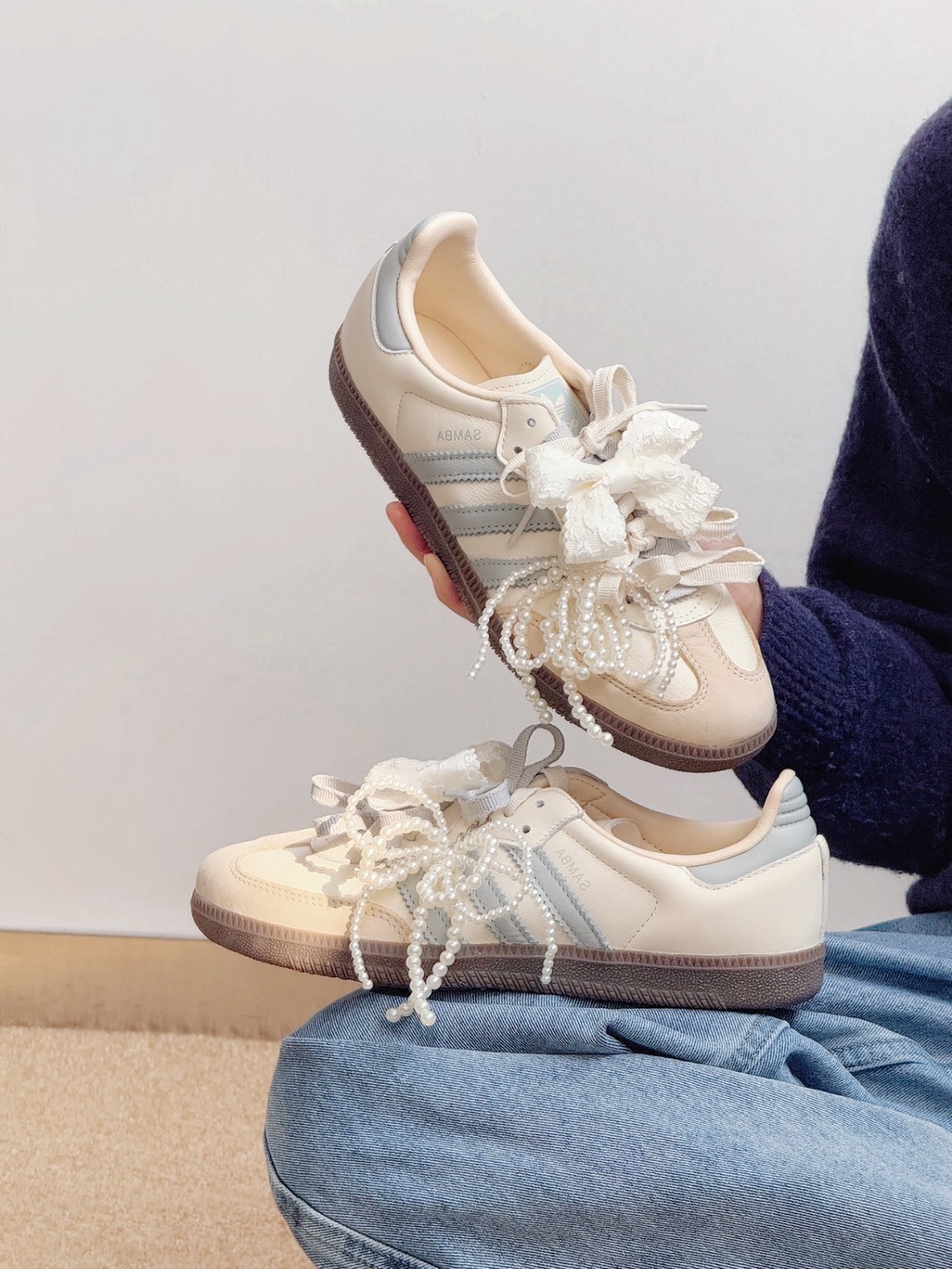 ADIDAS SAMBA 限定特殊款 海鹽起司 珍珠蕾絲鞋帶