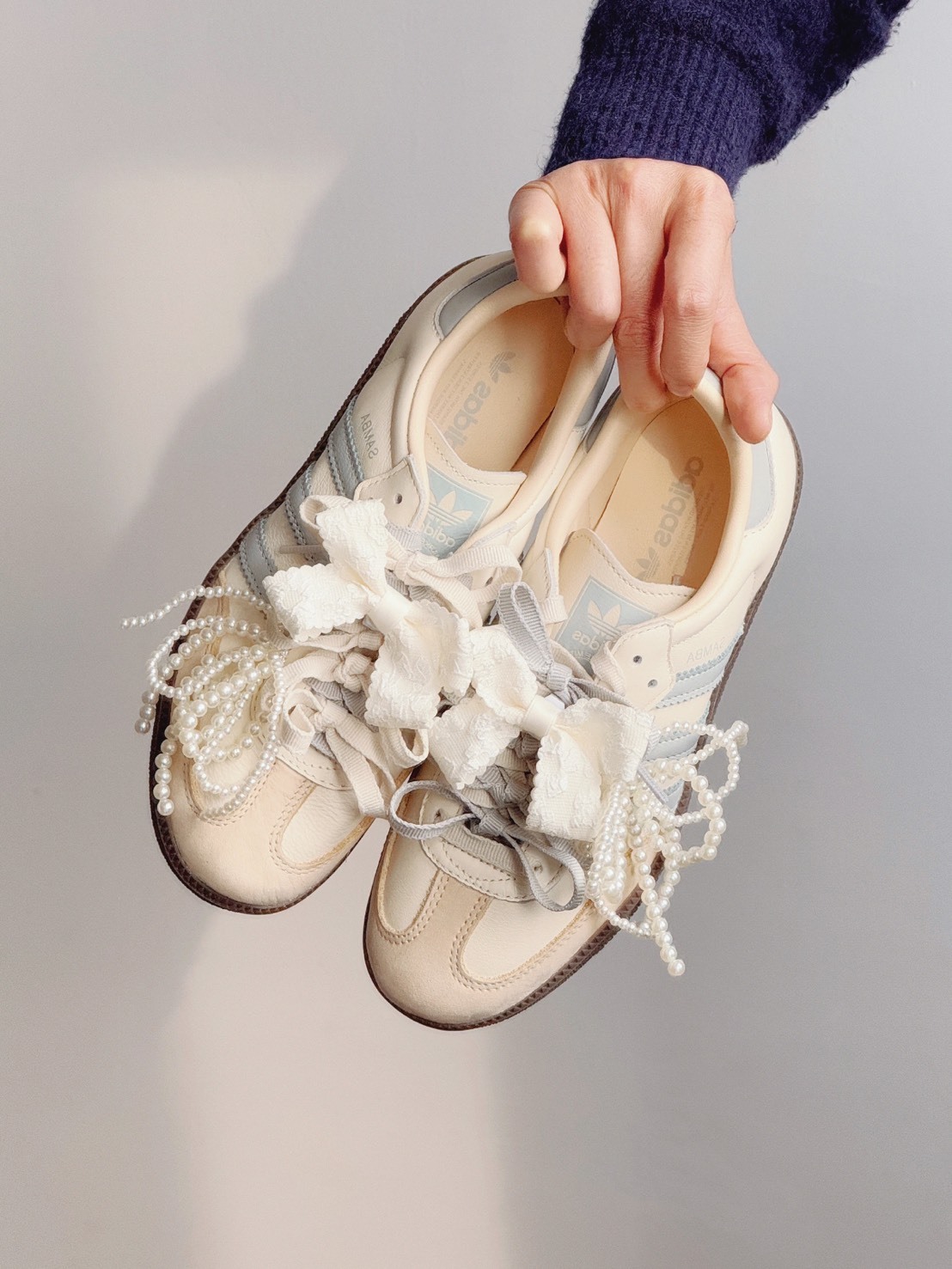 ADIDAS SAMBA 限定特殊款 海鹽起司 珍珠蕾絲鞋帶