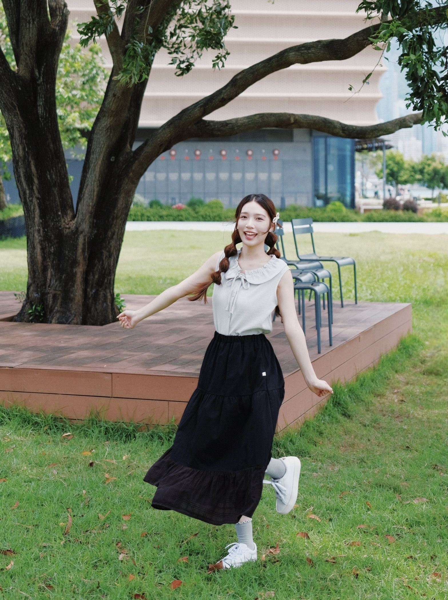 兩色 / 透感格子拼接蛋糕裙 / Sheer Plaid Patchwork Tiered Skirt