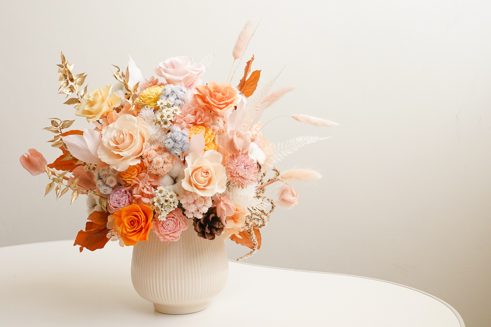 橘色永生花盆花,橘色永生花作品,橘色永生花台北代客送花推薦,永生花開幕盆花