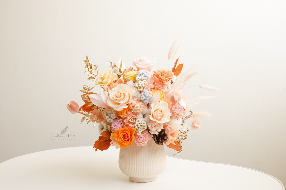 橘色永生花盆花,橘色永生花作品,橘色永生花台北代客送花推薦,維納斯女神的誕生