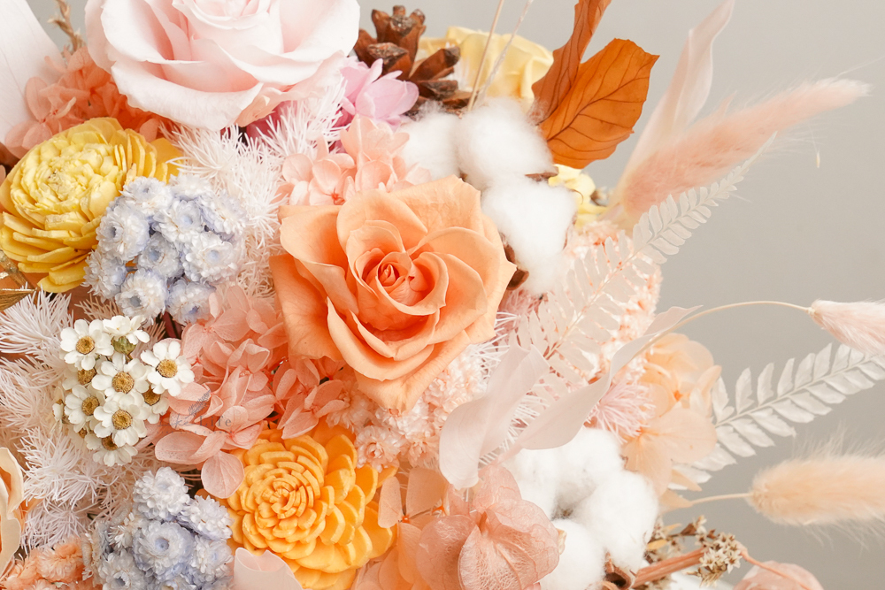 橘色永生花盆花,橘色永生花作品,橘色永生花台北代客送花推薦,永生花開幕盆花2