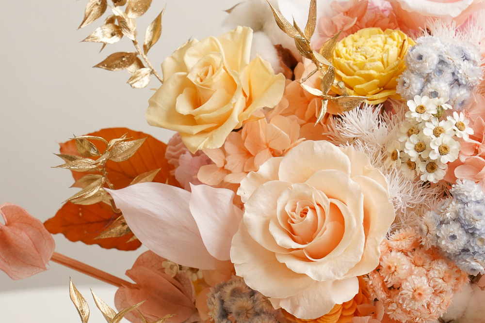 橘色永生花盆花,橘色永生花作品,橘色永生花台北代客送花推薦,永生花開幕盆花