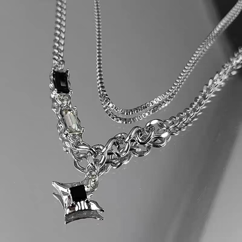 歐美硬漢黑鑽四芒星雙鍊鈦鋼項鍊