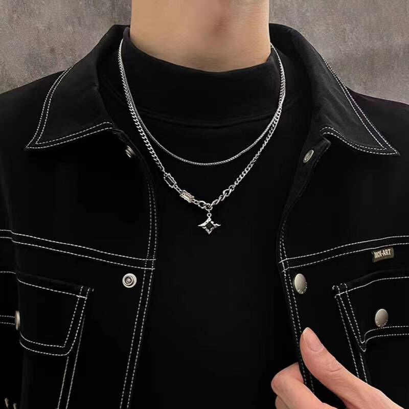 歐美硬漢黑鑽四芒星雙鍊鈦鋼項鍊