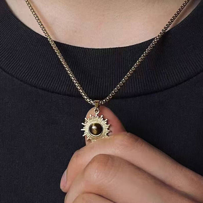 金色太陽花虎眼石鑲嵌鈦鋼項鍊