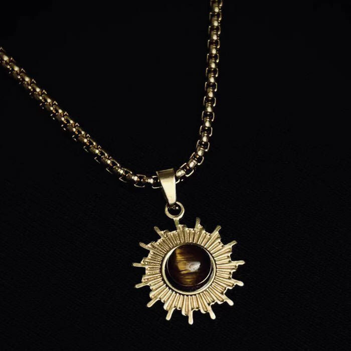 金色太陽花虎眼石鑲嵌鈦鋼項鍊