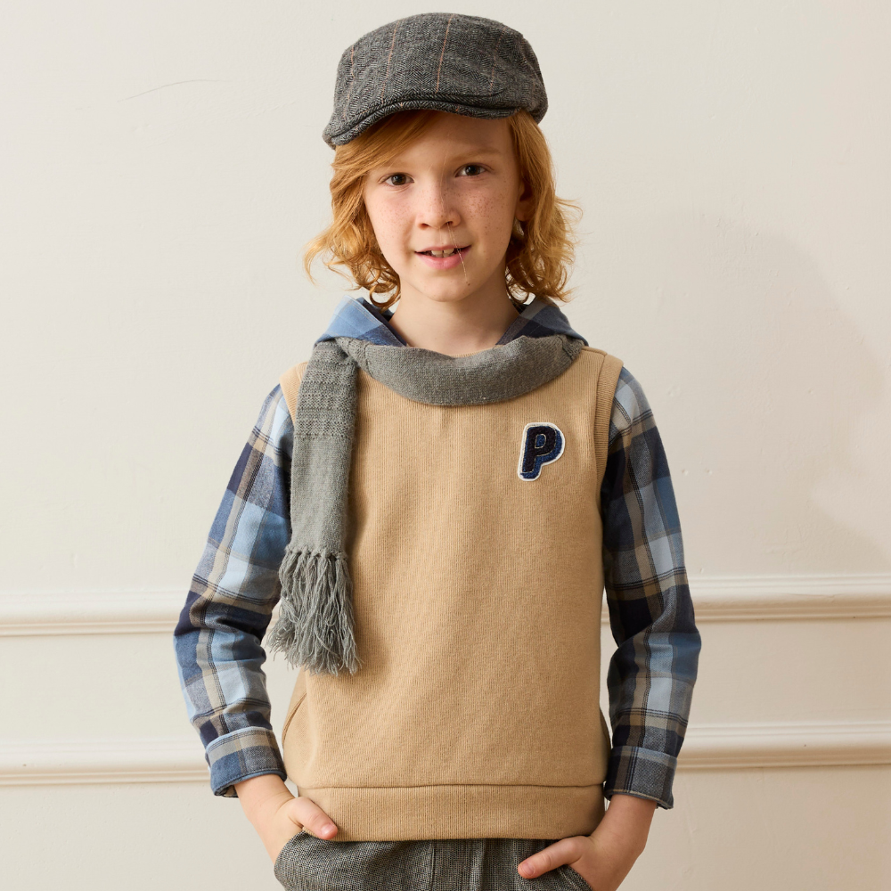 PIPPY格紋剪接連帽長袖上衣 卡其