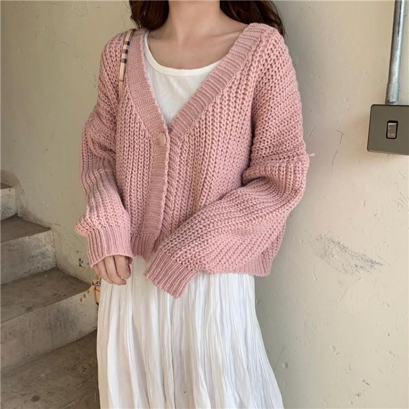 Versatile Single-Button Cropped Knit Cardigan
