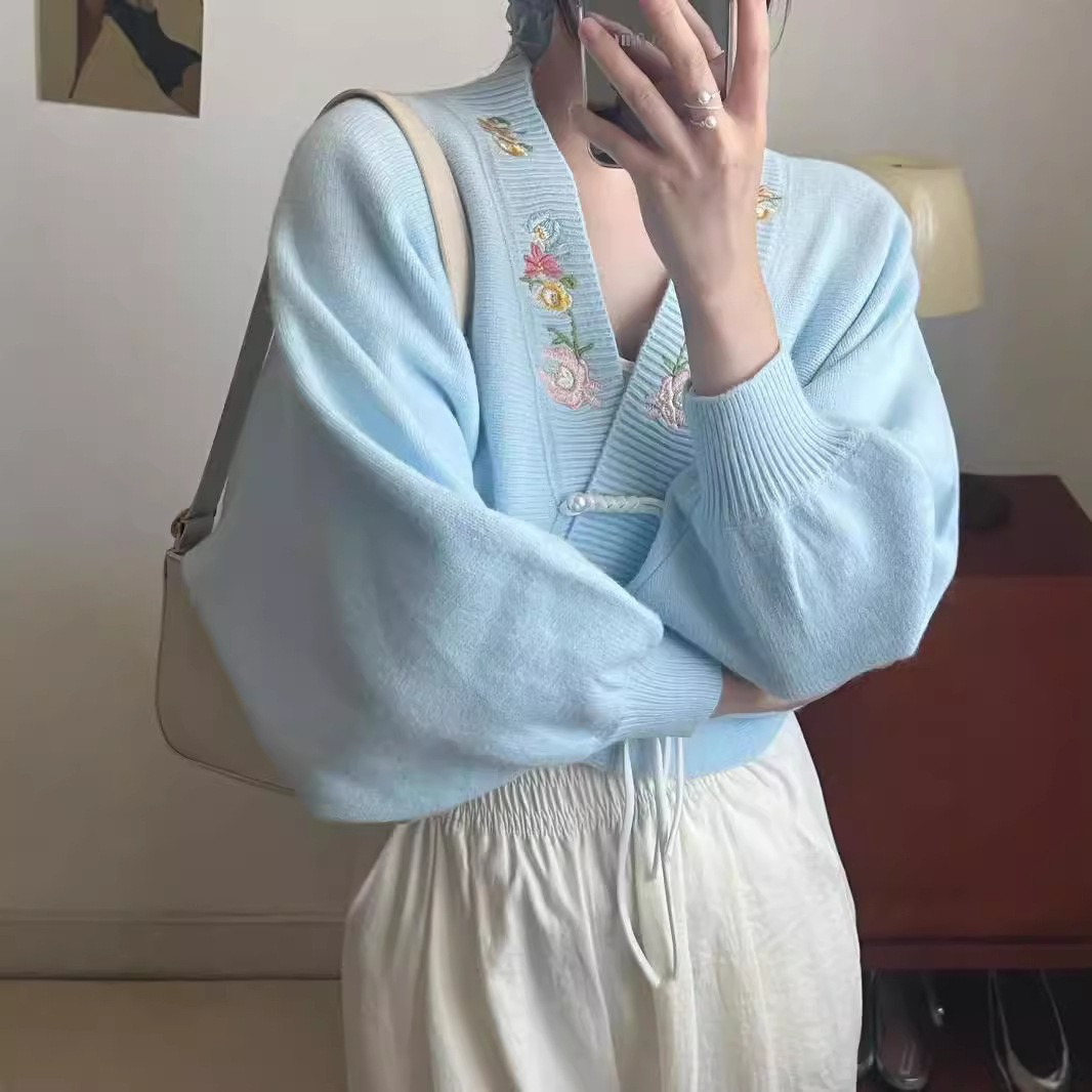 Frog Button Embroidered Floral Cropped Knit Cardigan