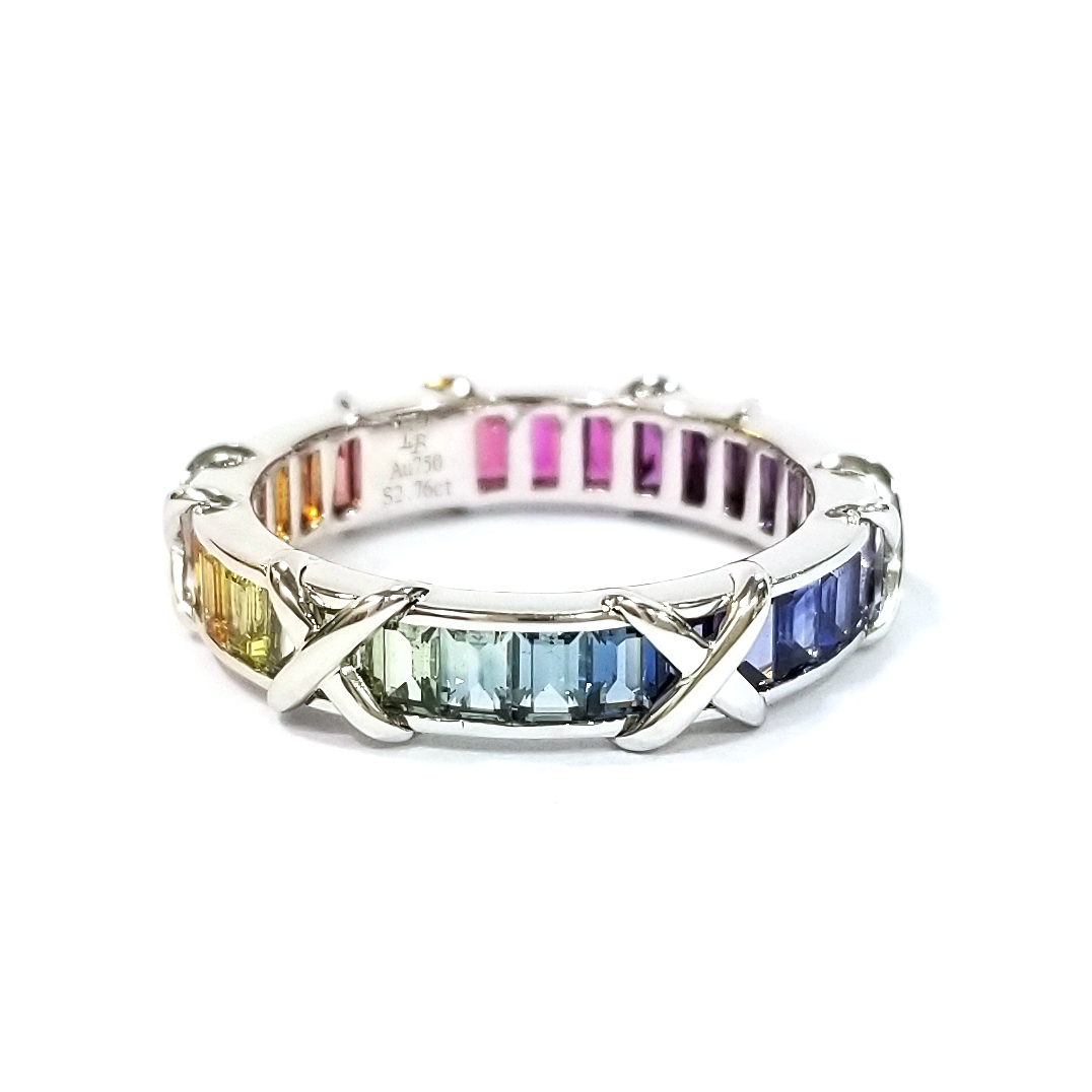 18K白金彩色藍寶石交叉戒指