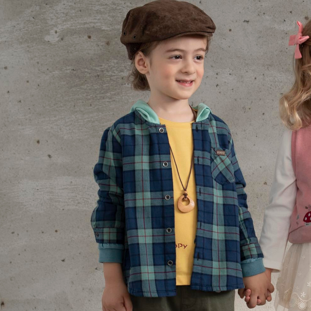 PIPPY 經典格紋連帽長袖襯衫上衣 藍