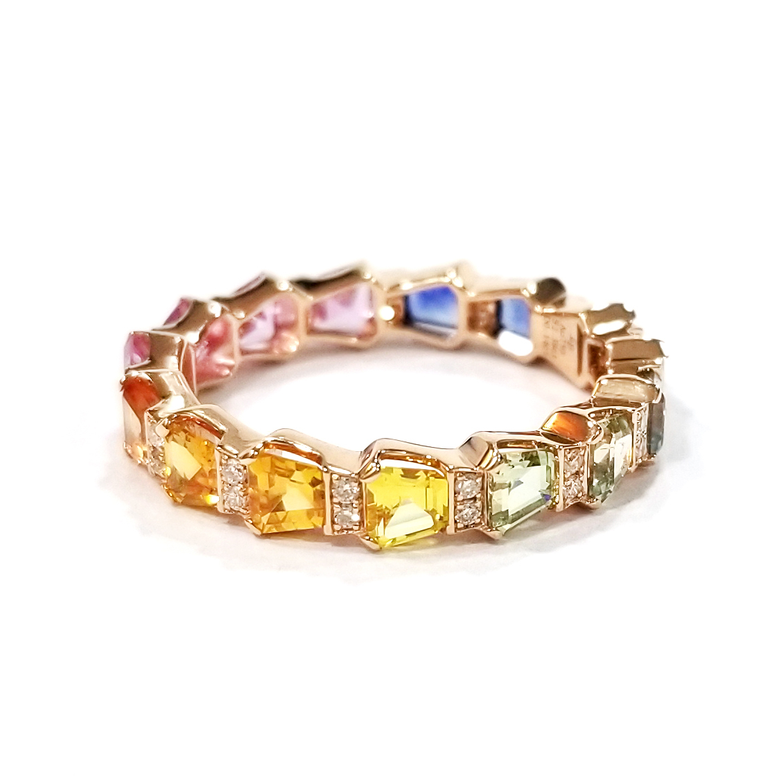 18K玫瑰金天然鑽石梯形彩色藍寶石戒指