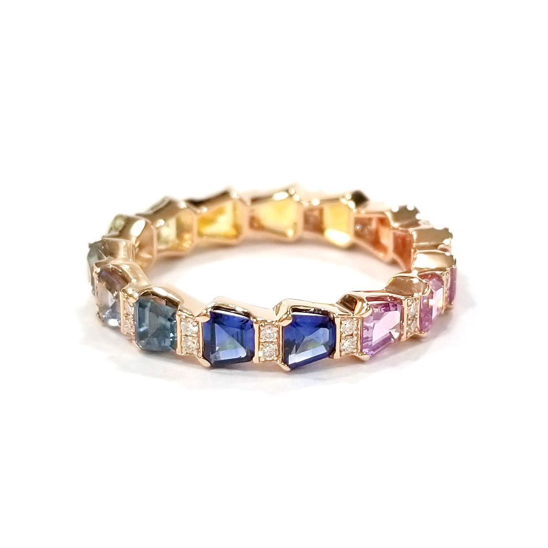 18K玫瑰金天然鑽石梯形彩色藍寶石戒指