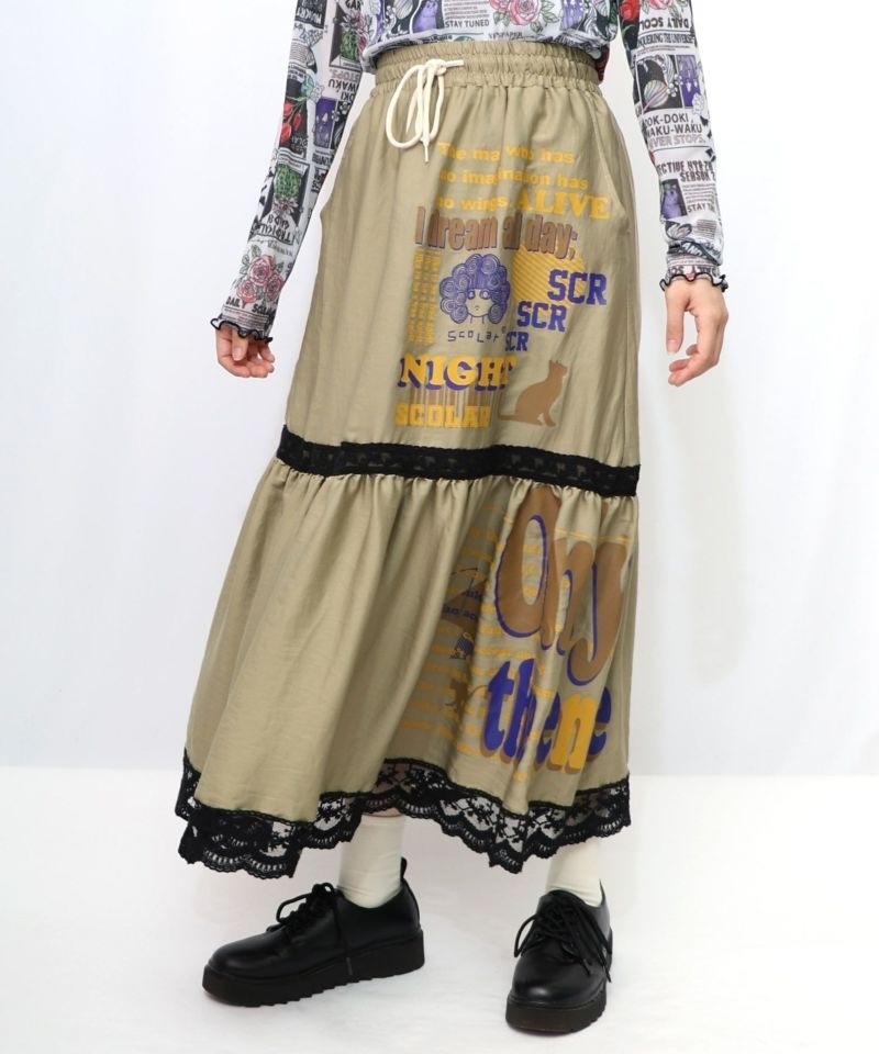Scolar graphic pattern lace x satin skirt
