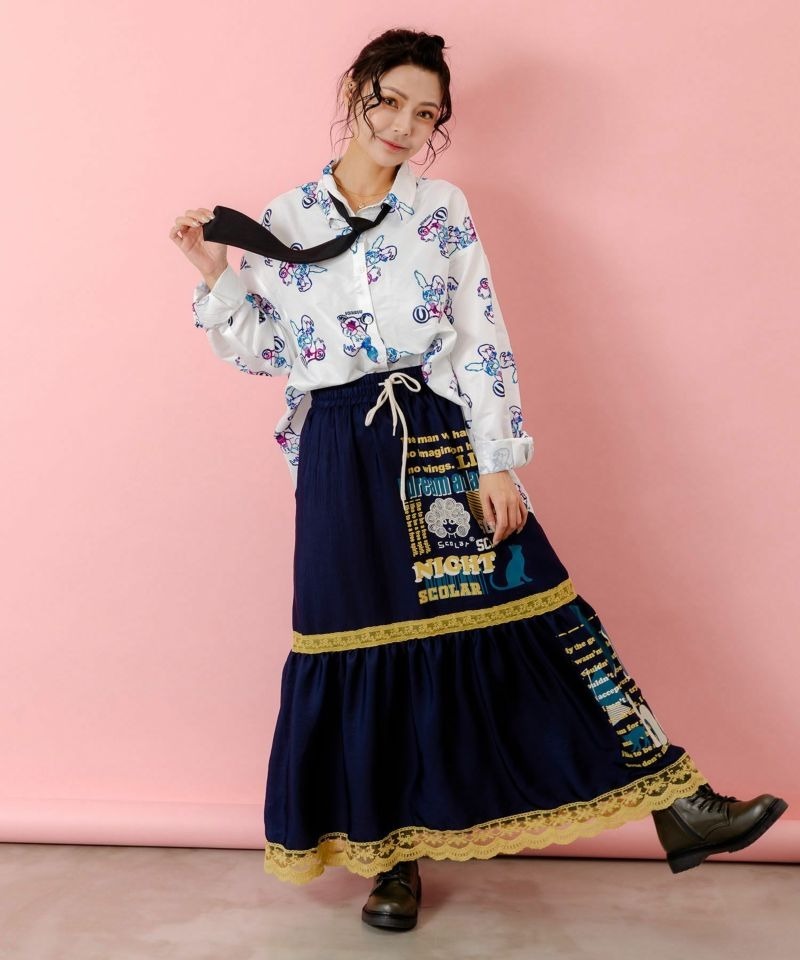 Scolar graphic pattern lace x satin skirt