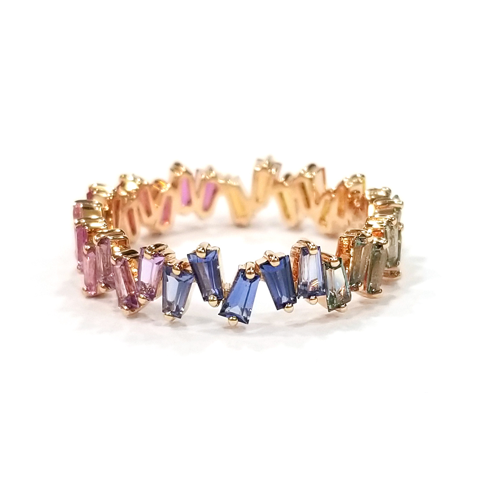 18K玫瑰金彩色藍寶石小梯方戒指