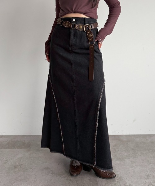 日本🇯🇵連線 Apres jour mignon 復古立體流蘇牛仔長裙 線條流蘇設計 復古 牛仔裙 長裙 A字裙 2色(任買兩件711免運)/預購