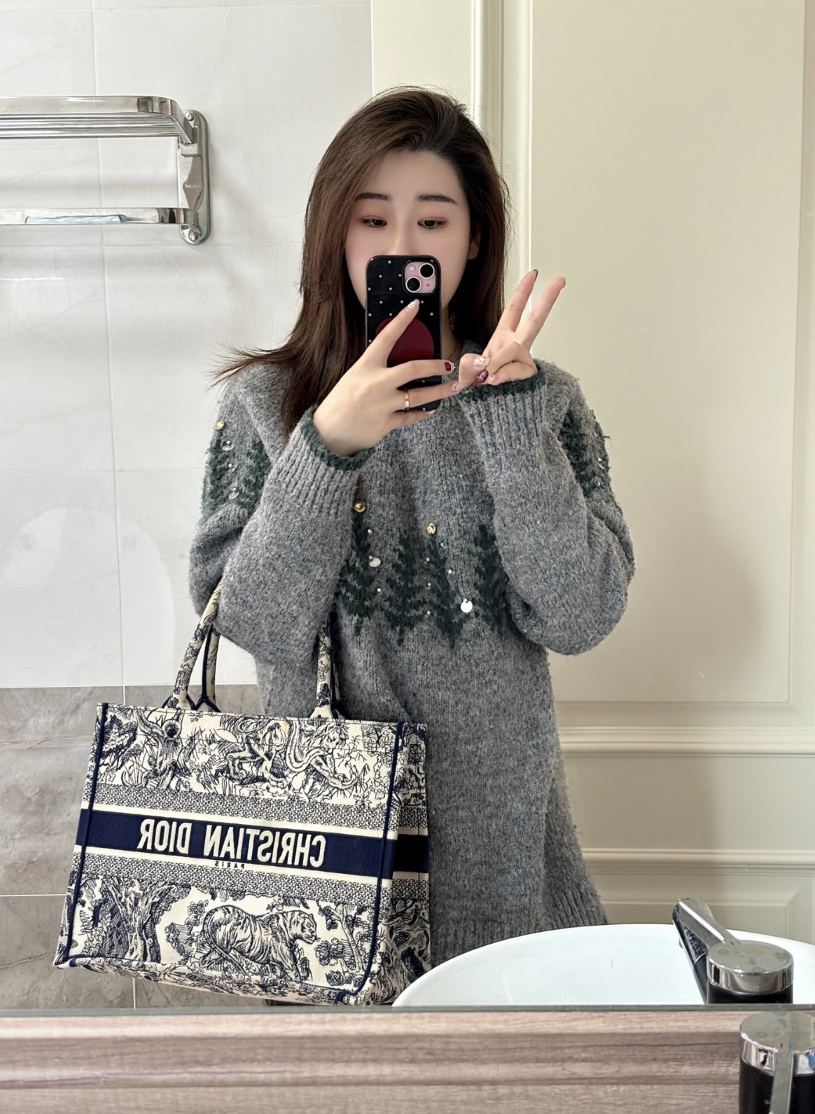 Dior Book Tote Bag 老虎圖案藍白色 中號