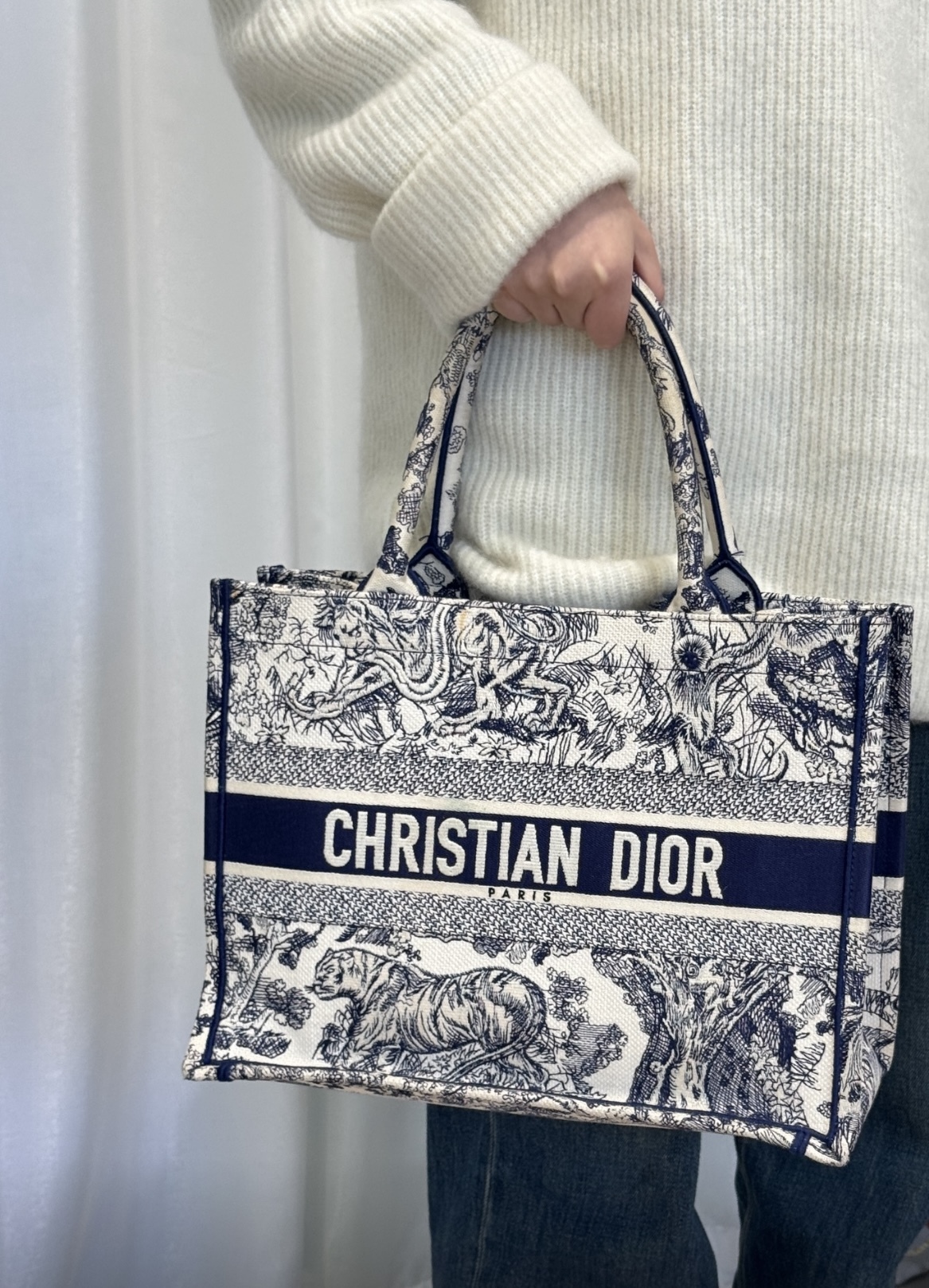 Dior Book Tote Bag 老虎圖案藍白色 中號