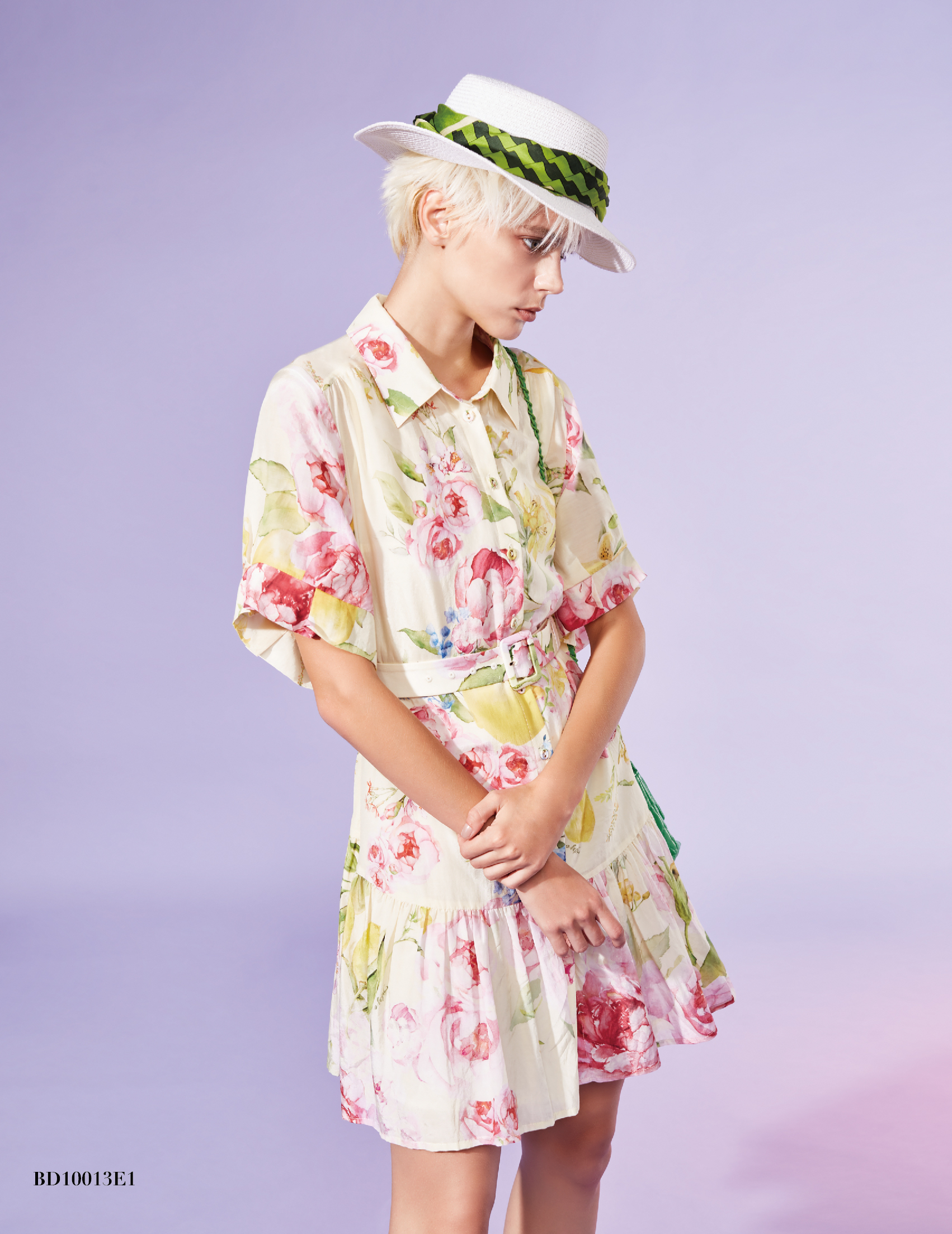 BD10013E1 鵝黃色玫瑰襯衫洋裝  (附布腰帶)