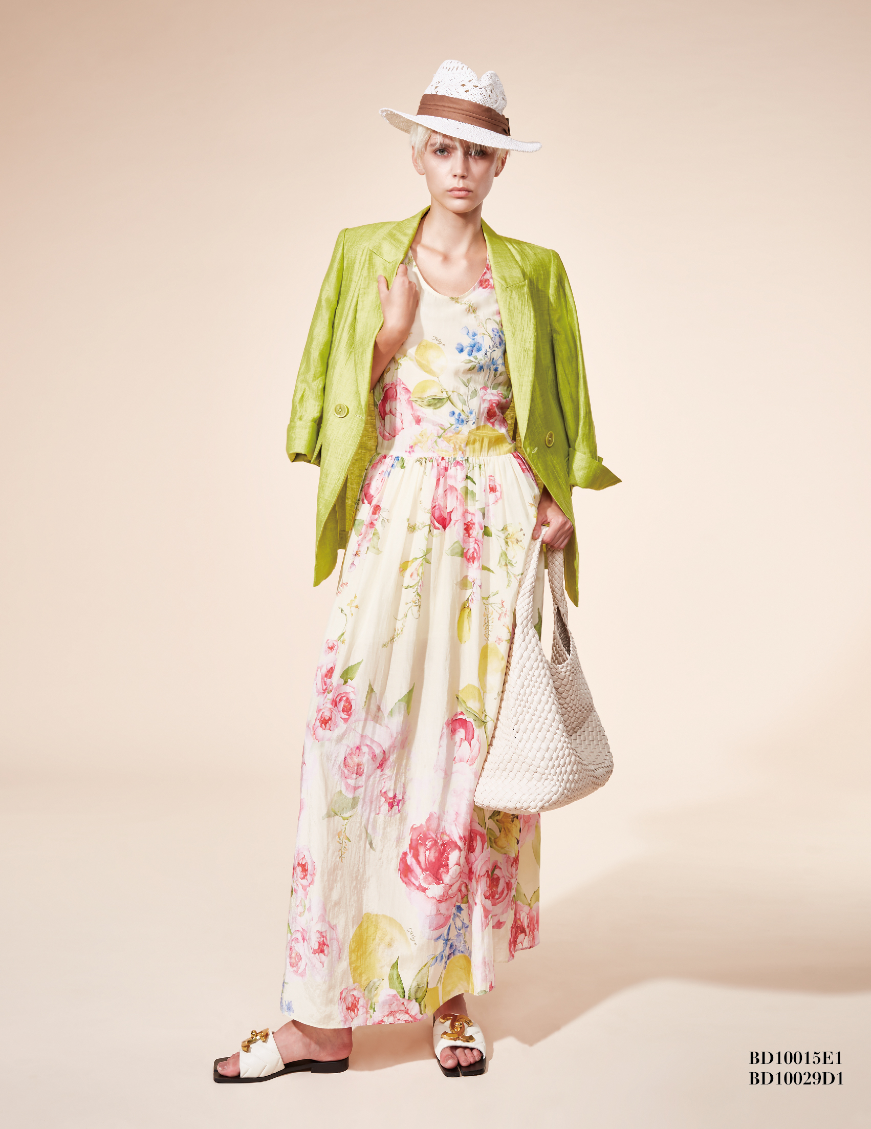 BD10015E1鵝黃色玫瑰無袖休閒長洋裝(附布腰帶)