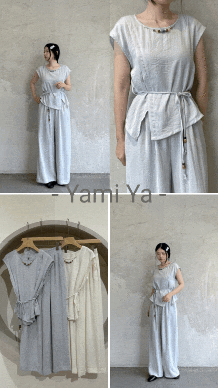 側叉領串珠褲子套裝＊-11-41a301