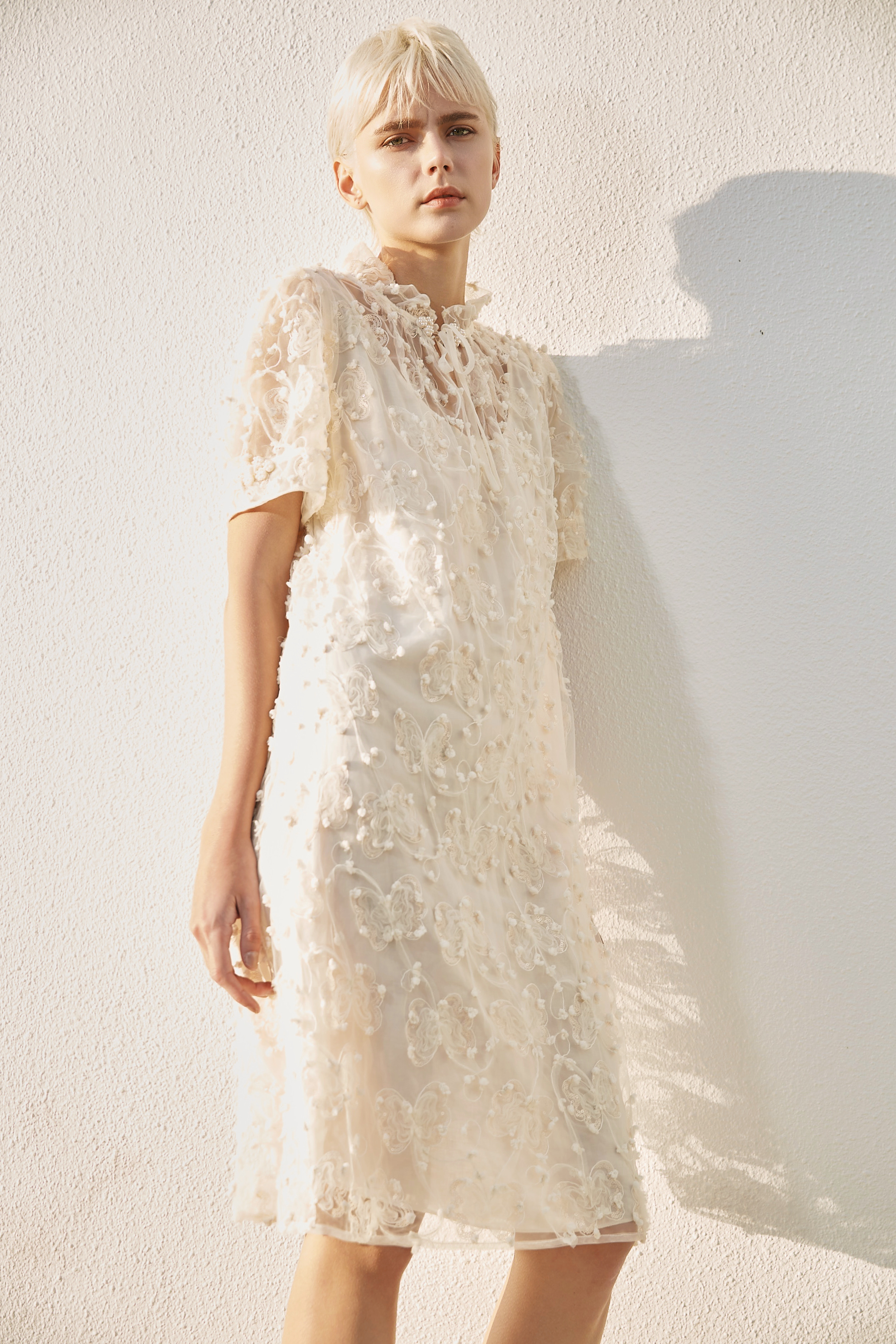 BD10050E1 巴洛克藤蔓蝴蝶紗網刺繡小泡袖A洋 (附腰帶 / 內襯裙)