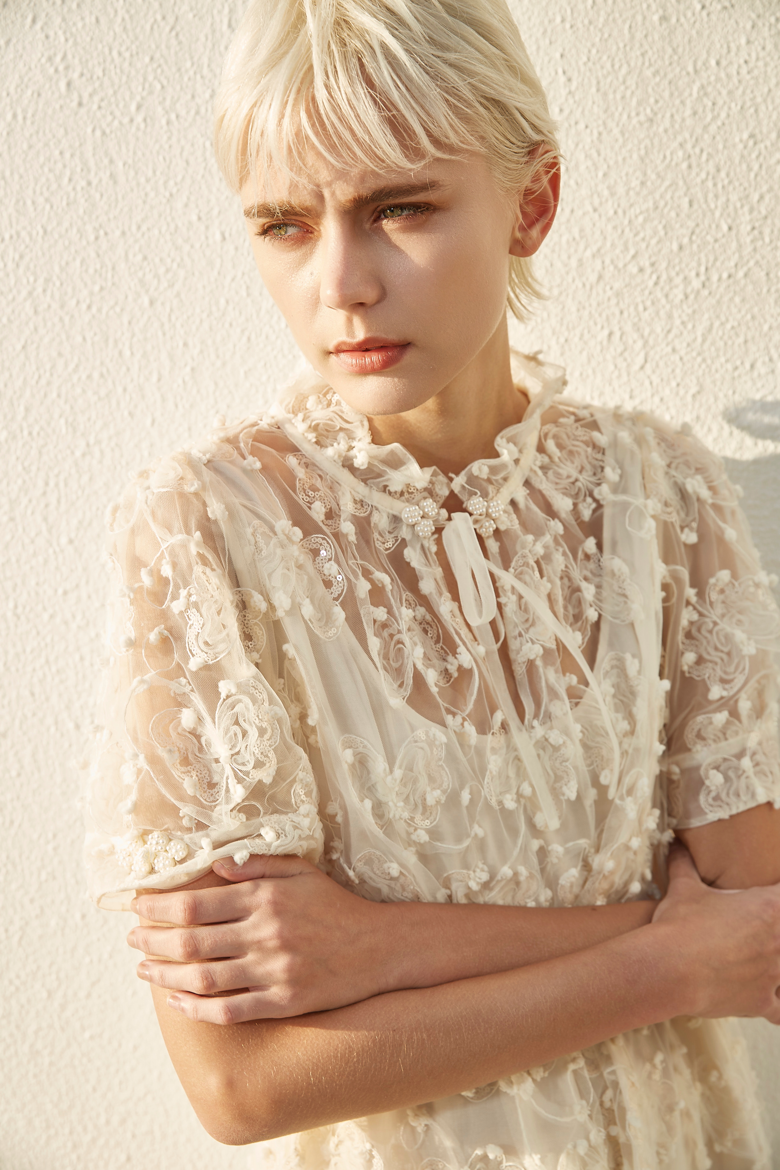 BD10050E1 巴洛克藤蔓蝴蝶紗網刺繡小泡袖A洋 (附腰帶 / 內襯裙)