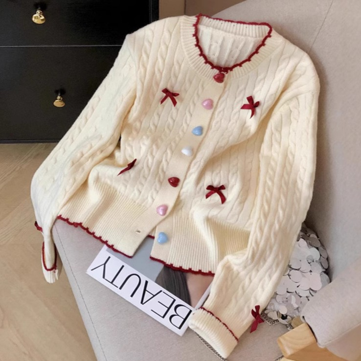 Korean Gentle Style Mini Cable Knit Round-Neck Cardigan