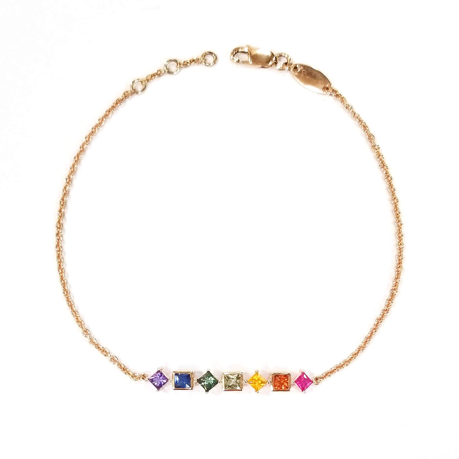 18K玫瑰金天然彩色公主方藍寶石手鏈