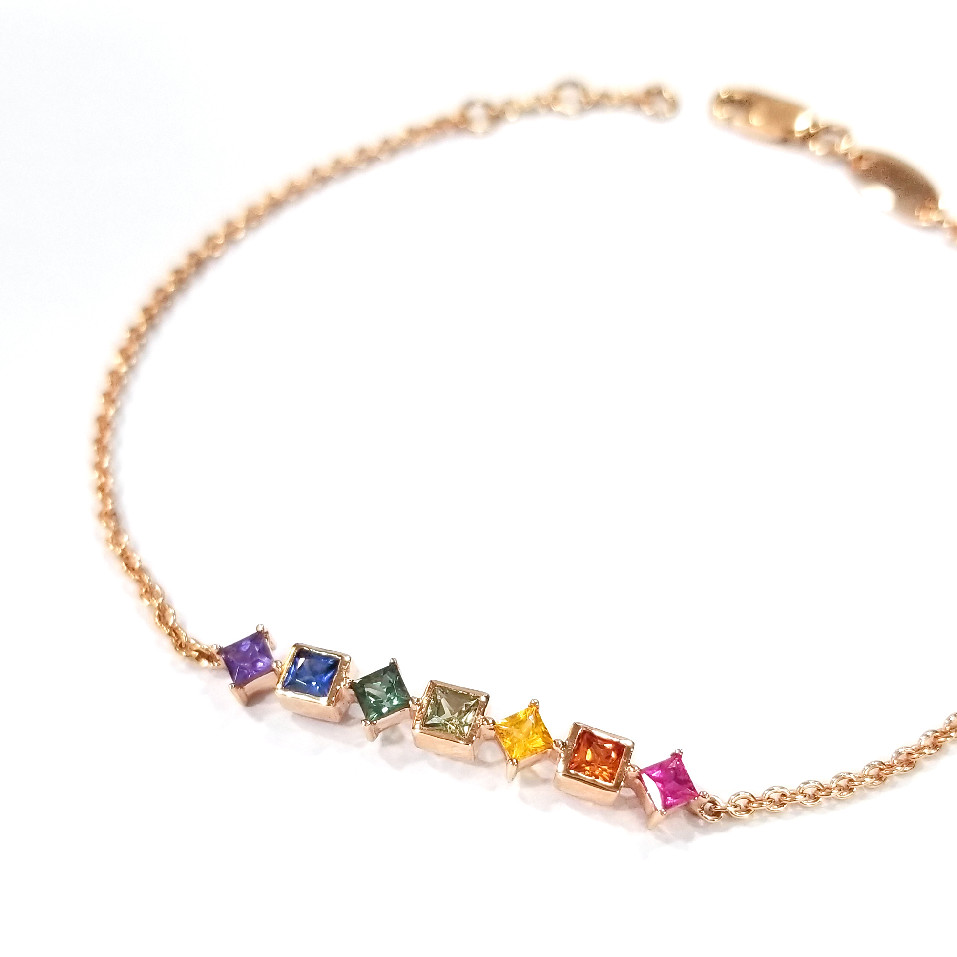 18K玫瑰金天然彩色公主方藍寶石手鏈