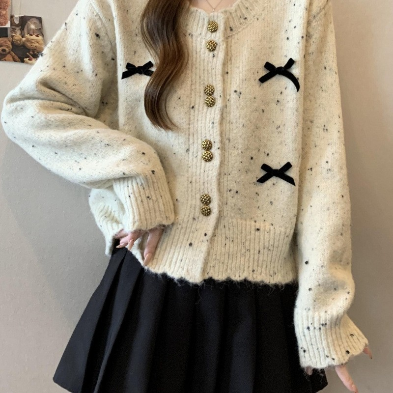 Korean Color-Dot Ribbon Knit Cardigan