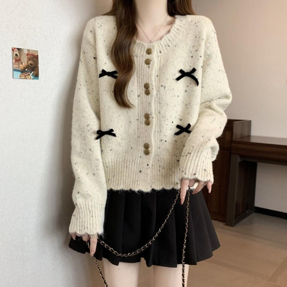 Korean Color-Dot Ribbon Knit Cardigan