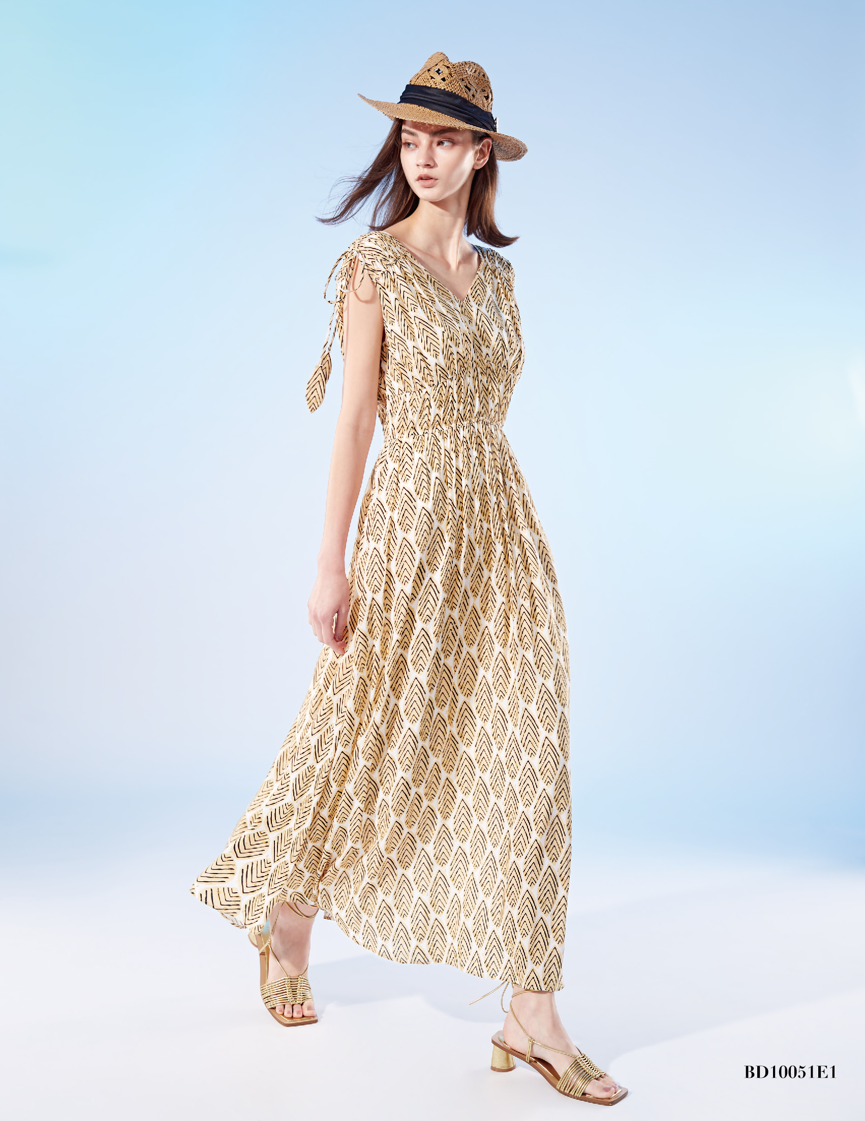 BD10051E1 浮雕花園金棕櫚V領維納斯洋裝