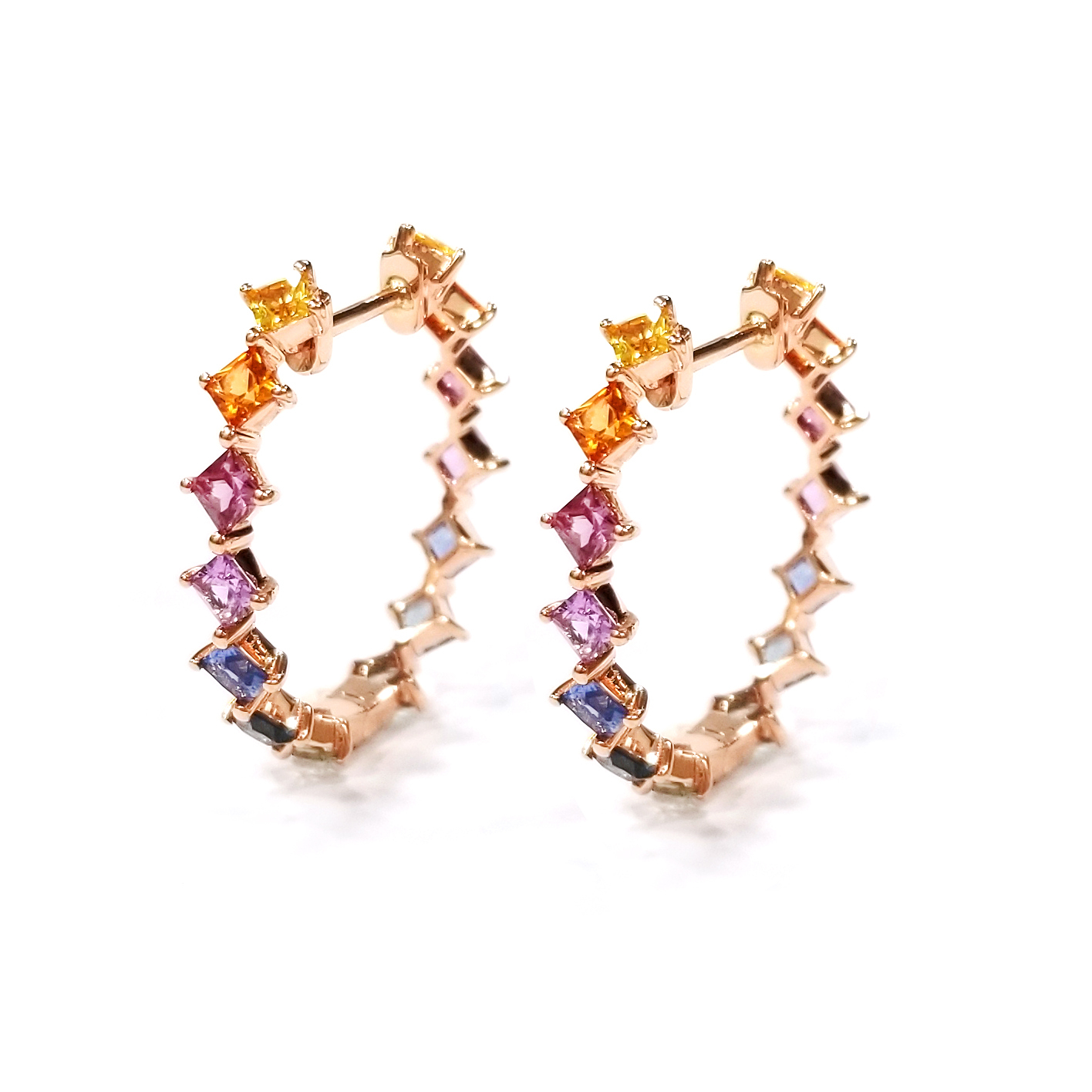 18K玫瑰金公主方彩色藍寶石菱形擺耳圈耳環