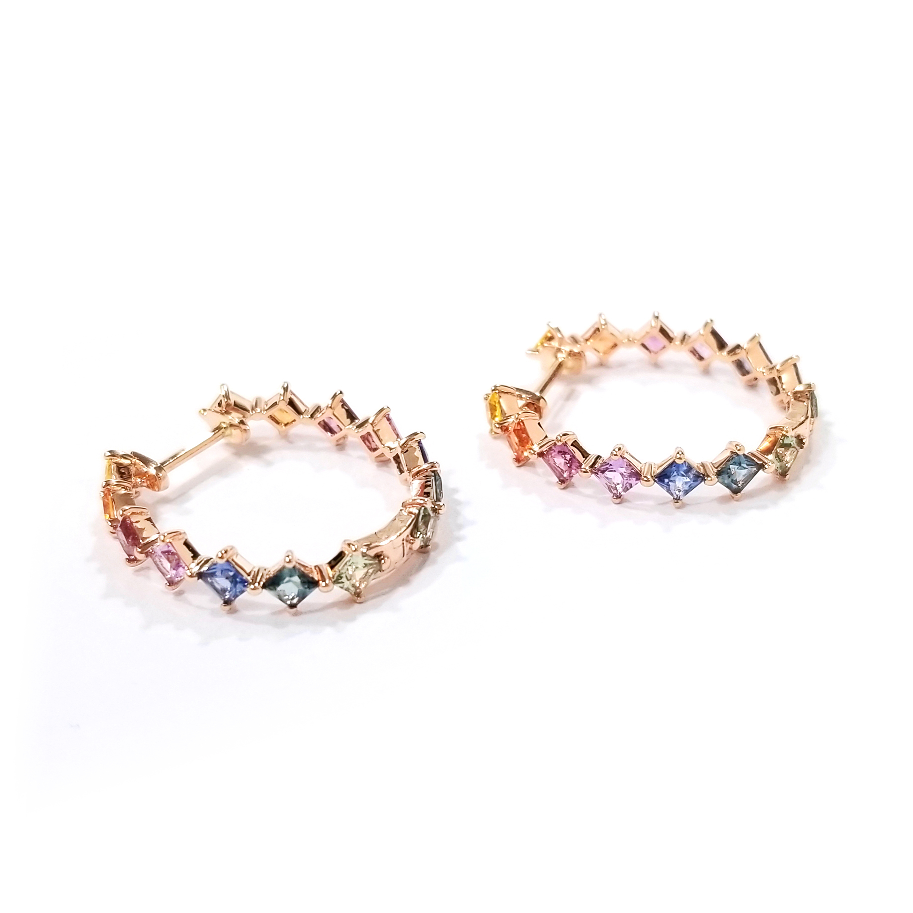 18K玫瑰金公主方彩色藍寶石菱形擺耳圈耳環