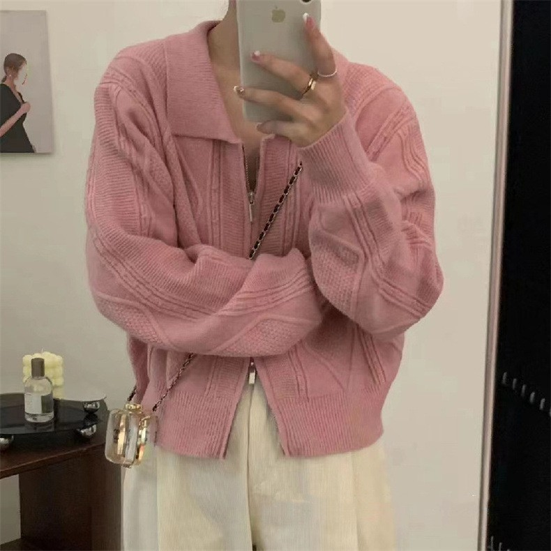 Cable Knit Turn-Down Collar Double-Zip Cardigan