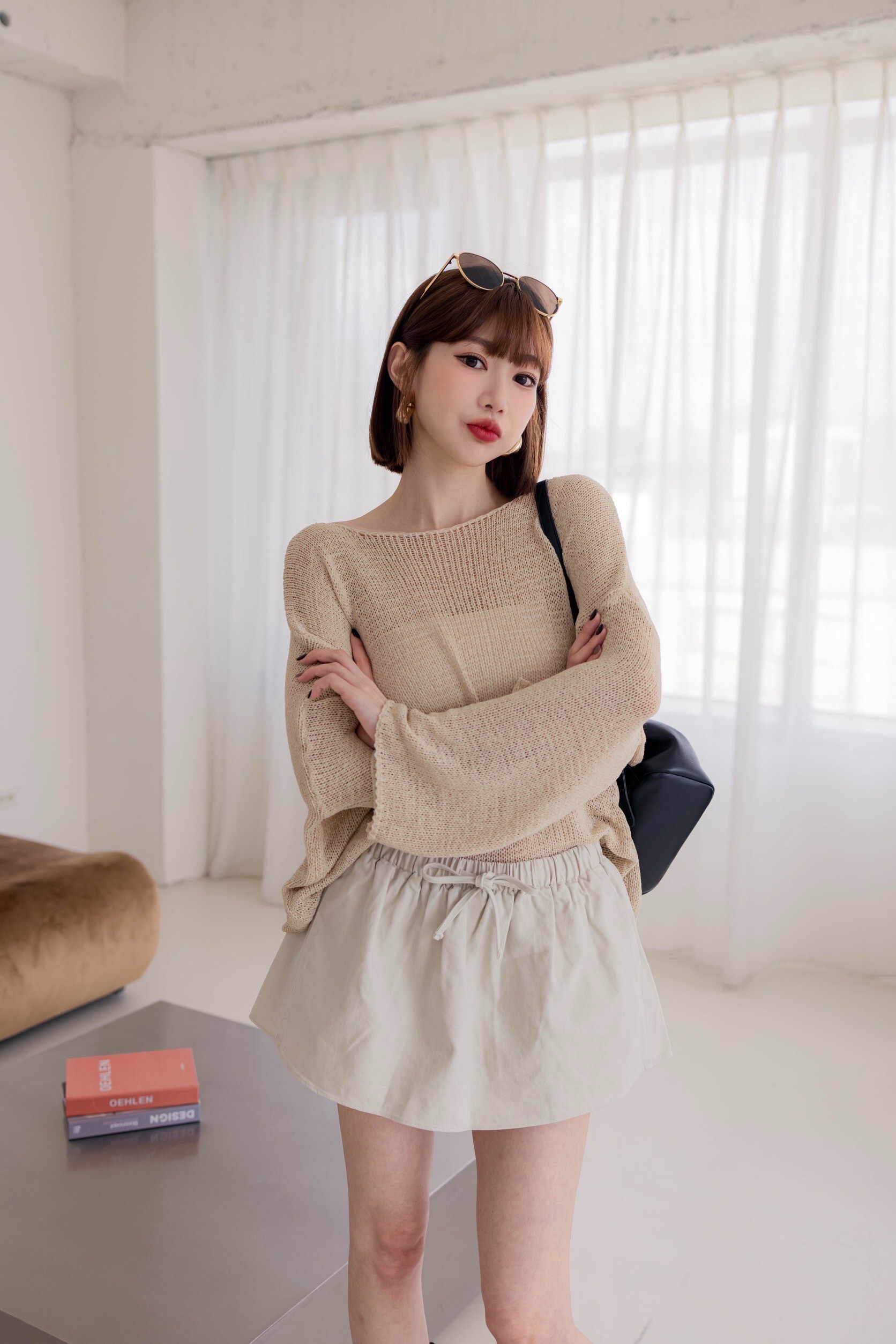 （現貨）#P91 挺版抽繩短褲裙(杏/灰藍)