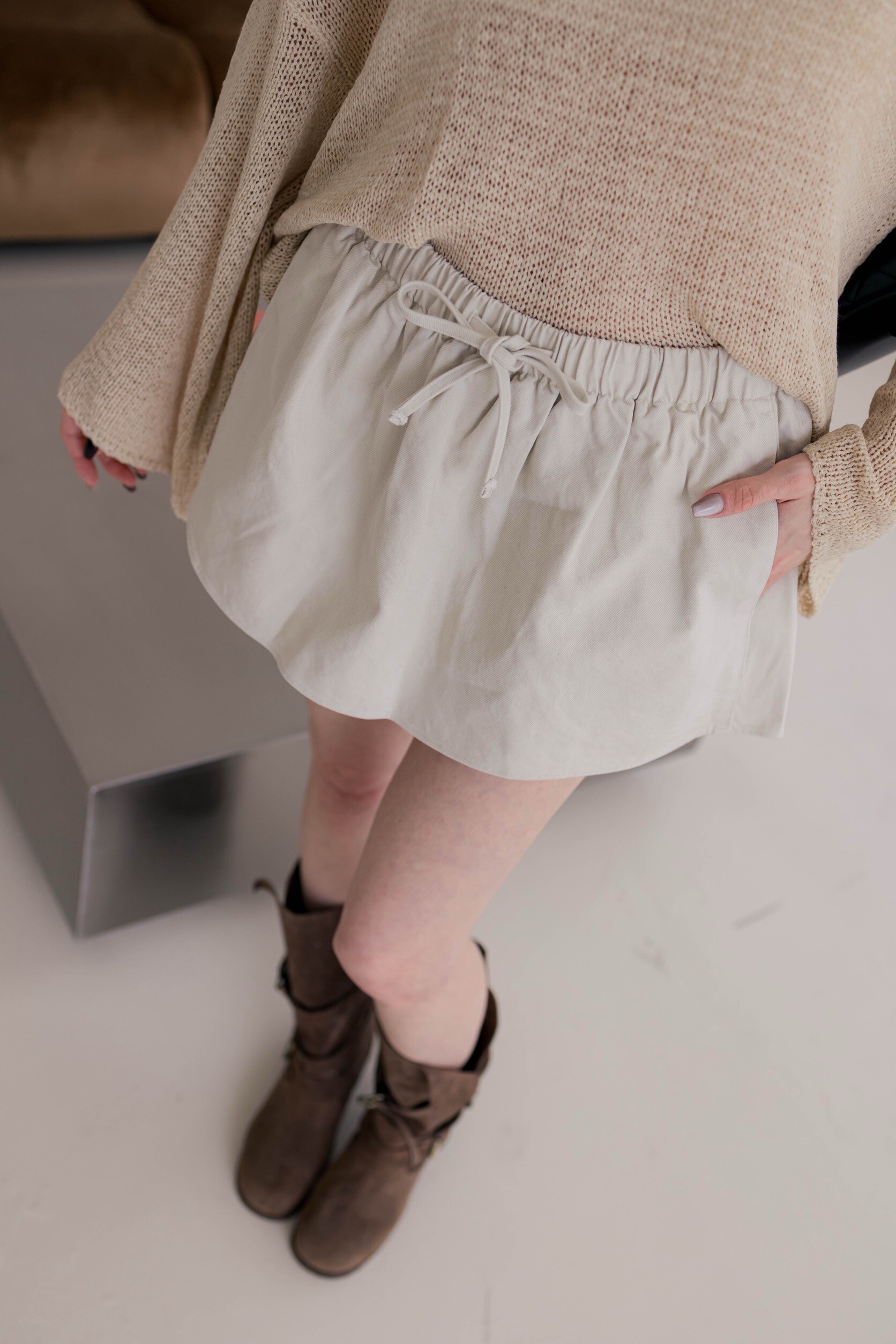 （現貨）#P91 挺版抽繩短褲裙(杏/灰藍)