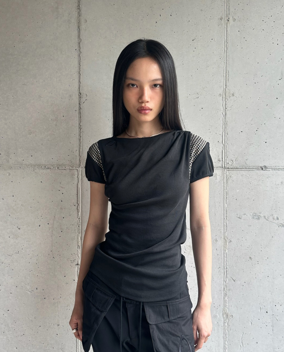 Mischief  MSCHF  許光漢、秀智愛牌 /  COWL CHECK BLOCK TOP_BLACK 寬領格紋拼接上衣 黑色 / AUG25