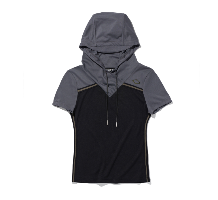 Mischief  MSCHF  許光漢、秀智愛牌 /  SHIRRING HOODED JERSEY TOP_BLACK 連帽平紋針織短袖上衣 黑色 / AUG25