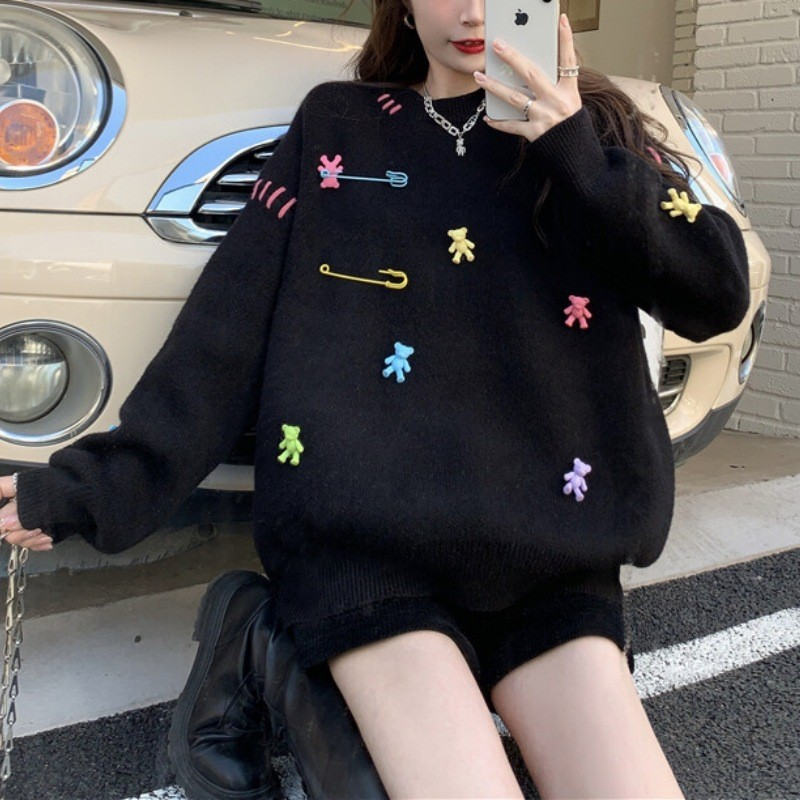 Sweet Bear Embellished Knit Long-Sleeve Sweatshirt